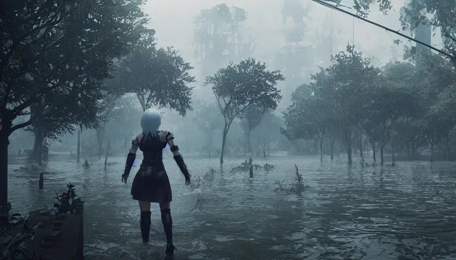 Prompt: nier automata yorha type 2 b walking in post apocalyptic flooded city, rainy melancholy day, dense vegetation, unreal engine, cryengine, epic engine, volumetric lighting, ray tracing, rtx on, exposure, god rays, overcast, ambient lighting, blooming flowers, 3 d render, cinematic, subtle dof