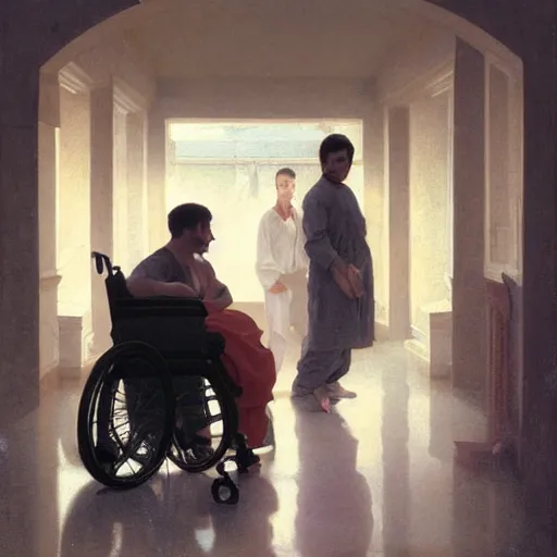 Prompt: a male patient in a wheelchair in the hospital with his wife and son standing by. happy, cheerful, smiling, intricate, face enhance, sharp focus, cinematic lighting, featured in artistation, 8 k, art by greg rutkowski, william adolphe bouguereau