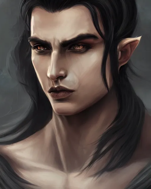 Prompt: portrait of a feminine male dark elf, obsidian skin, long hair, fantasy, feminine, elegant, intricate, highly detailed, digital painting, artstation, concept art, sharp focus, illustration