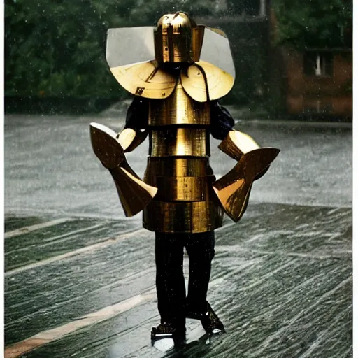 Prompt: a paladin wearing issey miyake armor in the rain, portrait, fashion photography, by martin parr