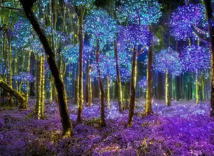 Image similar to a magical forest with crystal flowers that glow in the dusk,