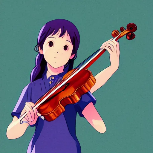 Prompt: cell shaded key visual of a young girl playing the violin in the style of studio ghibli, moebius, makoto shinkai,