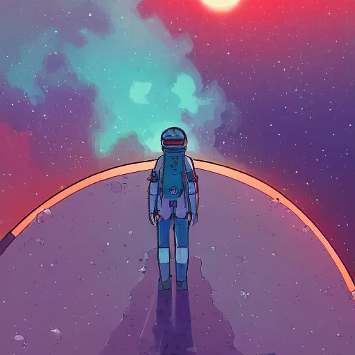 Image similar to a futuristic wanderer gazing into a universe full of mystical colorful light nebulae and galaxies, studio ghibli color scheme, in the style of caspar laurie greasley