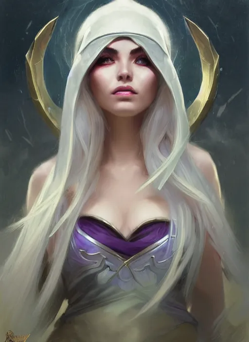 Image similar to portrait of mage Syndra from League of Legends, countryside, calm, fantasy character portrait, dynamic pose, above view, sunny day, thunder clouds in the sky, artwork by Jeremy Lipkin and Giuseppe Dangelico Pino and Michael Garmash and Rob Rey, very coherent asymmetrical artwork, sharp edges, perfect face, simple form, 100mm