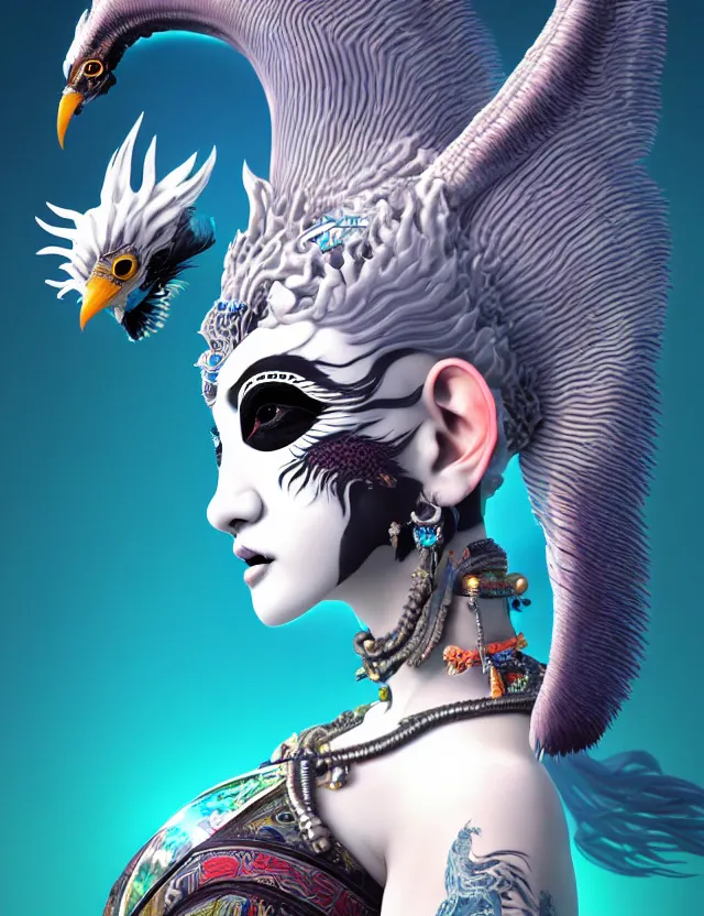 Image similar to 3 d goddess close - up profile simple portrait punk with mohawk with ram skull. beautiful intricately detailed japanese crow kitsune mask and clasical japanese kimono. betta fish, jellyfish phoenix, bio luminescent, plasma, ice, water, wind, creature, artwork by tooth wu and wlop and beeple and greg rutkowski