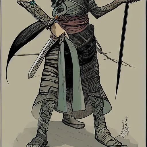 Prompt: A sword fighting sorcerer in the art style of Moebius