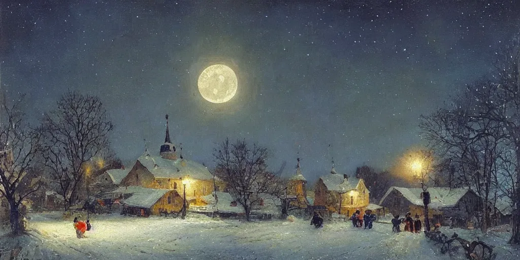 Prompt: a scene of a small rural russian village at night, stars, moon, wintertime, painting by nikolay makovsky