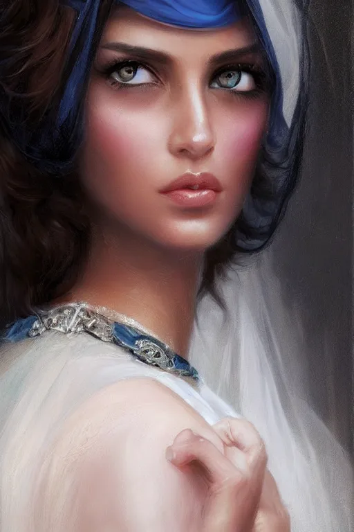 Prompt: modern tanned Ameera al-Taweel, bright blue eyes, wavy black hair, white veil, closeup, focus face, elegant, highly detailed, centered, oil painting, artstation, concept art by tom bagshaw