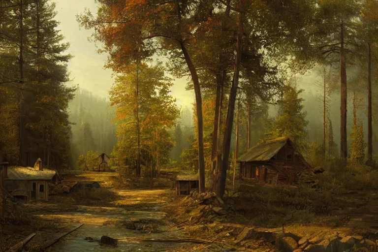 Image similar to A beautiful painting of russian village in dark forest by ivan shishkin and arkhip kuindji, trending on artstation,matte painting