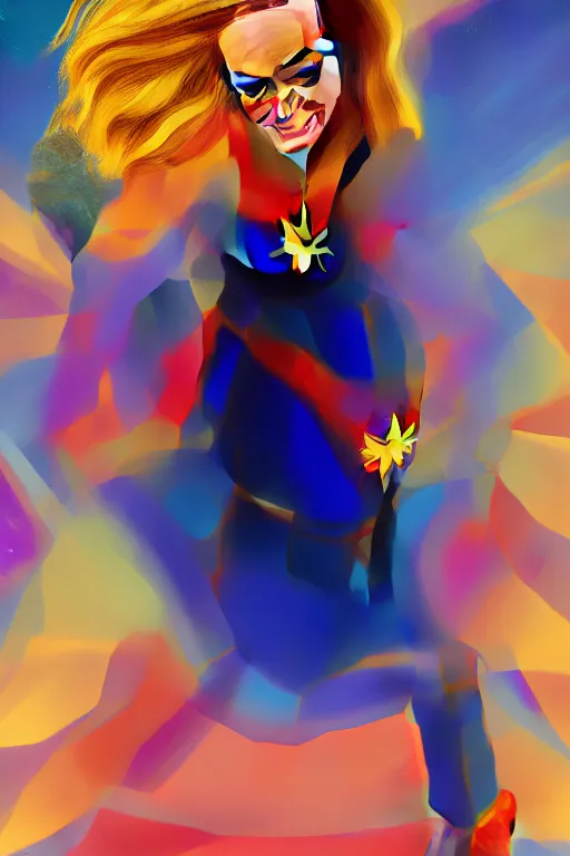 Image similar to Brie Larson as Captain Marvel high quality digital painting in the style of Lisa Frank