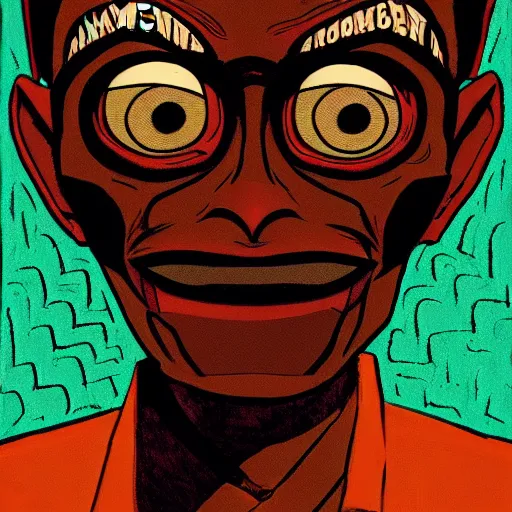 Image similar to a dark brown humanoid, hyper detailed, in the style of jamie hewlett and and jamie hewlett and jamie hewlett, selfie