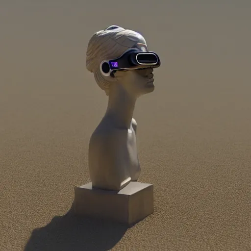 Image similar to the head of a marble cybernetic lady justice statue wearing a virtual reality headset on ground covered in sand, cyberpunk background, highly detailed, epic lighting, hyper photorealism, 8 k