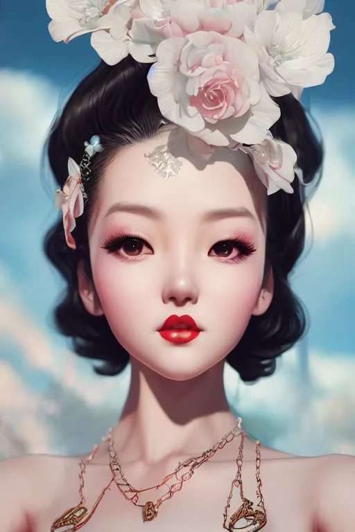 Image similar to a pin up and beautiful fashion and charming and dreamlke asian girl, lv jewelry, art by artgerm & jeehyung lee & wlop, hyperdetailed, 8 k realistic, symmetrical, frostbite 3 engine, cryengine, dof, trending on artstation, digital art, lv, dior