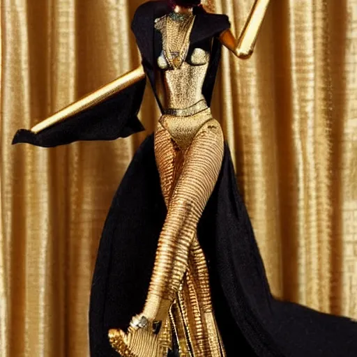 Image similar to egyptian, anthropomorphic cat woman, stylish, with gold elements, model elegant