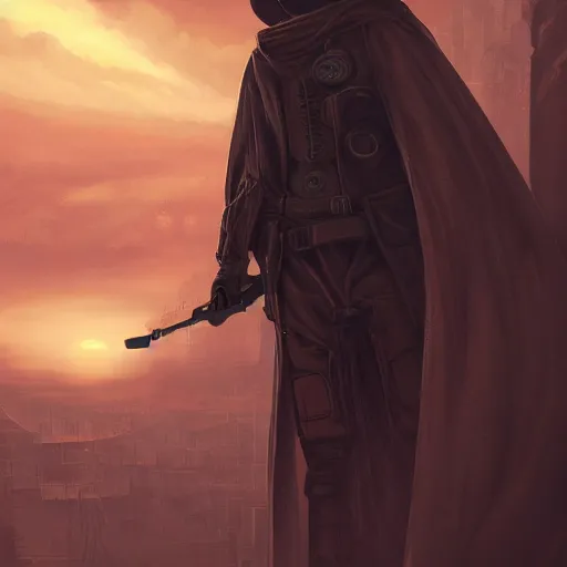 Image similar to hooded figure standing at the edge of reality gazing into the unknown, sunset on distant machine planet, steampunk, cyberpunk, detailed digital painting, smooth, sharp focus, artstation, artgerm, 4 k ultra hd, fantasy dark art