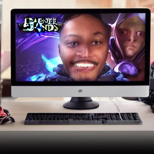 Prompt: disabled man playing league of legends with facecam