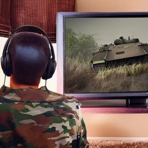 Image similar to view from behind from bed of a cute fluffy caracal wearing headset watching big tv displaying world of tanks, intricate detail, cinematic composition