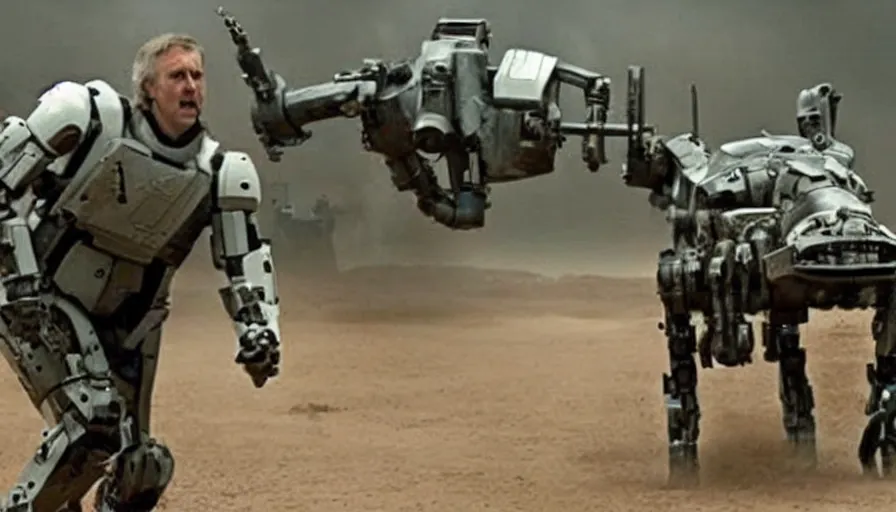 Image similar to big budget James Cameron movie about an evil robot dog with a minigun firing from its back