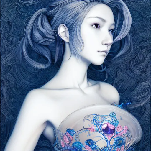 Image similar to the portrait of a blueberry that resembles an absurdly beautiful, graceful, elegant, sophisticated gravure idol, an ultrafine hyperdetailed illustration by kim jung gi, irakli nadar, intricate linework, bright colors, octopath traveler, final fantasy, unreal engine 5 highly rendered, global illumination, radiant light, detailed and intricate environment