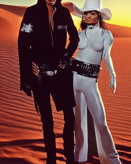 Image similar to pre plastic surgery michael jackson, as luke sky - walker, with janet jackson as princess lie, studio lighting, star wars themed, beautiful tunisian desert at sunset, michael jackson is normal looking and has had no work done to his face, photoshoot in the styled of annie leibovitz