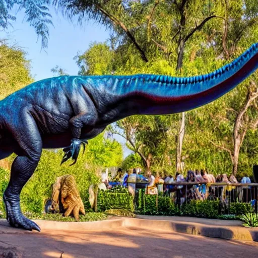 Prompt: vintage photograph of a real dinosaur at the san diego zoo, high definition, slr, photo realism, golden hour, detailed skin, 4 k