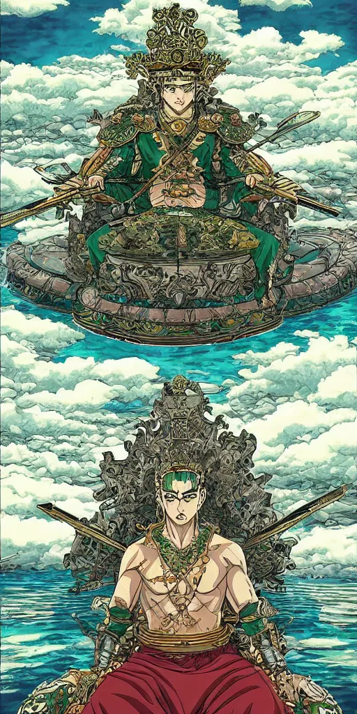 Image similar to a lone emperor sitting on a emerald throne floating on water in the middle of a lake drawn by Makoto Yukimura in the style of Vinland saga anime, full color, detailed, psychedelic, Authority, structure