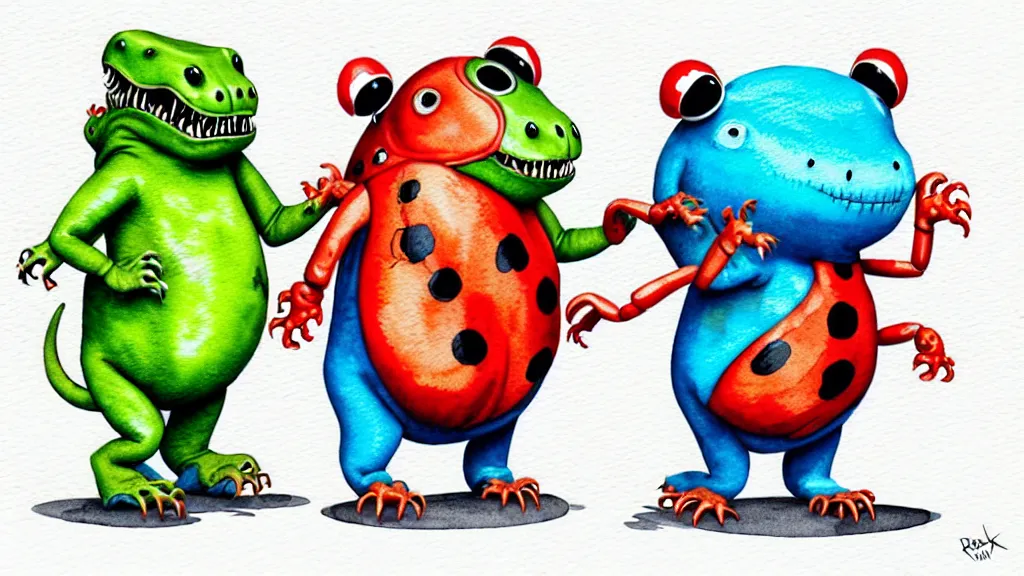 Image similar to cute and funny, t - rex wearing a t - shirt holding hands with a ladybug, autumn, ratfink style by ed roth, centered award winning watercolor pen illustration, isometric illustration by chihiro iwasaki, edited by range murata, tiny details by artgerm and watercolor girl, symmetrically isometrically centered