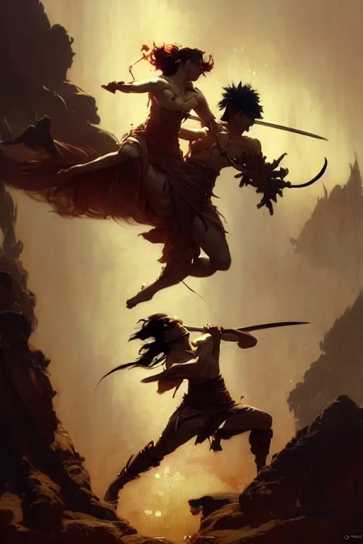 Prompt: An epic fight moment between one demon slayer with one female skilled samourai in style of by gaston bussiere, and craig mullins and greg rutkowski and alphonse mucha, concept art world, stunning moment and pose, cinematic lighting, dynamic