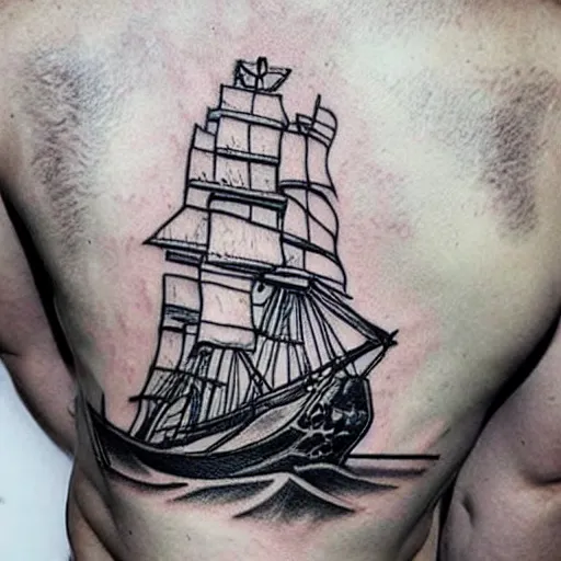 Image similar to a pirate ship sailing in the sea, realism tattoo design, white background, by Matteo Pasqualin tattoo artist