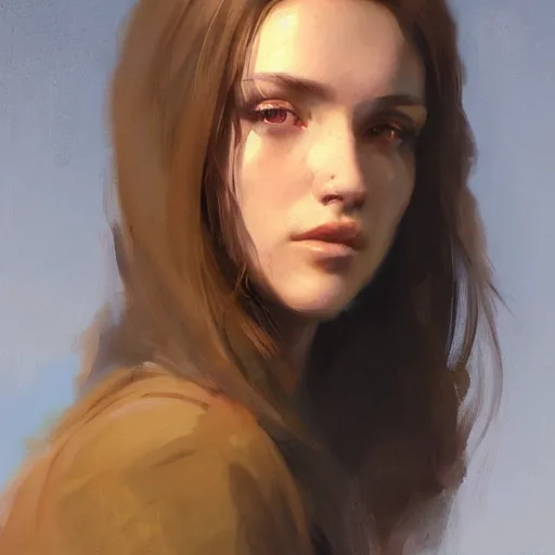 Image similar to Portrait of a woman by Greg Rutkowski, she is about 20 years old, brown long and straight hair, pretty oval face, attractive, Artstation HQ