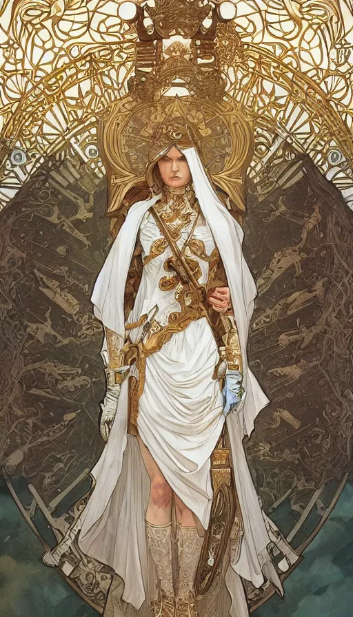 Prompt: soldiers in white armor, highly detailed, very intricate, art nouveau, gold filigree, left right symmetry, tarot concept art watercolor illustration by mandy jurgens and alphonse mucha and alena aenami, featured on artstation