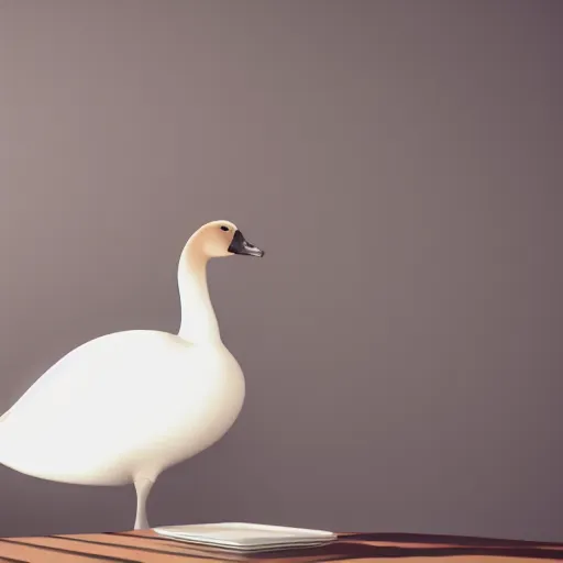 Image similar to a portrait of judgemental goose sitting on a table, close view, unreal, cinema 4d render, Ray tracing reflection, studio light