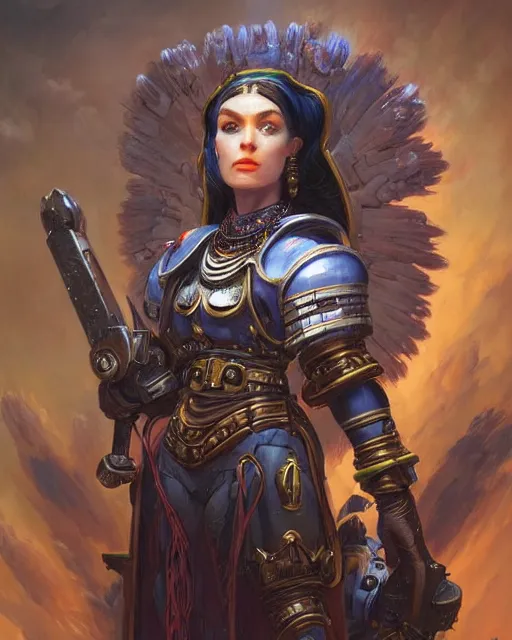 Prompt: a stunning portrait of Grimes as a tech priestess from warhammer 40k, digital art by Eugene de Blaas and Boris Vallejo and Ross Tran and Angel Ganev and Frank Frazetta, highly detailed, trending on artstationhq