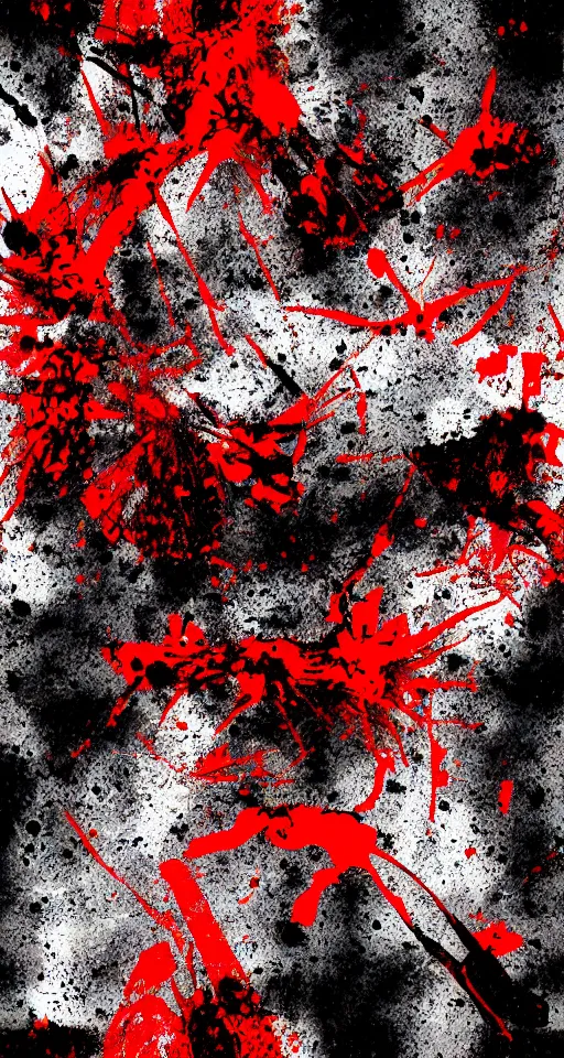 Prompt: abstract category b film poster, seamless texture, blood splatter on the sides and trace of a shot in centre, sharp render, painting, grainy tape, distortion, few details,