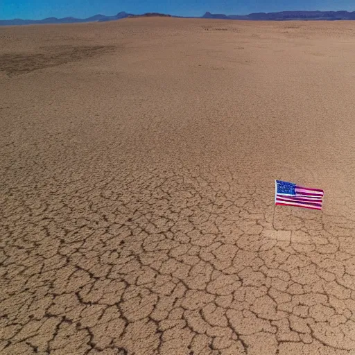 Prompt: gwenn - ha - du flag in the middle of a desert, gopro photograph, drone shot