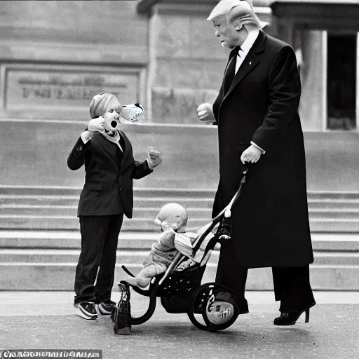 Image similar to highly detailed, award winning photograph of donald trump stealing candy from a baby in a stroller in front of the lincoln monument