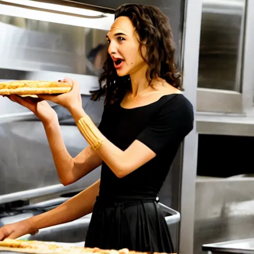 Prompt: Gal Gadot wearing a long black dress and flipping pizza dough in a pizzeria.