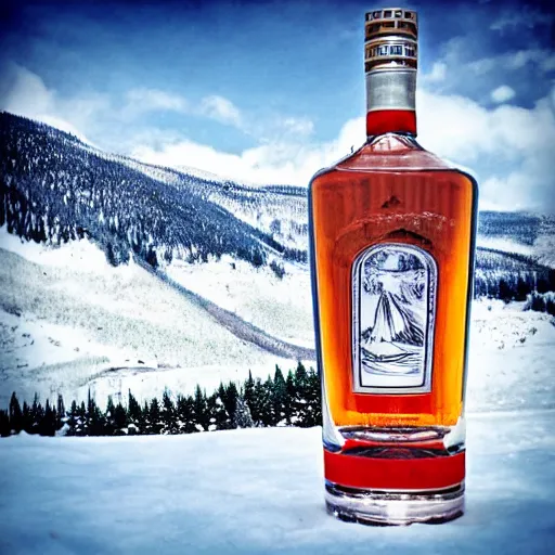 Prompt: classy vodka bottle still on a snowy mountain