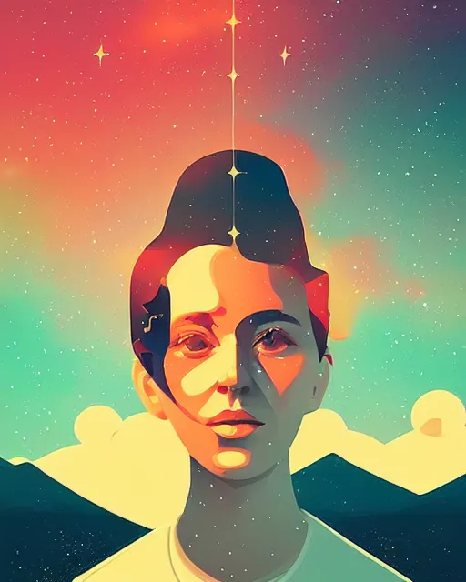 Prompt: constellation portrait double exposure, whimsical fantasy painting by tom whalen and tony sart and alena aenami