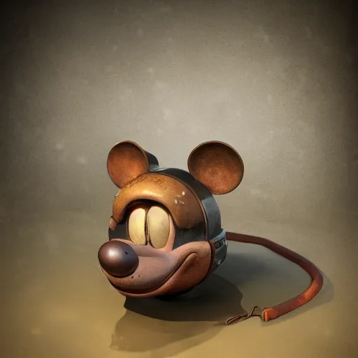 Image similar to 1 9 5 0 wartime mickey mouse head, automotive, fractal, leathery, wet, broken, melting, rococo, mycelium, baroque, sumerian, radiant alien, magic kingdom, octane render, high detail