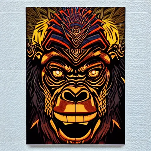 Image similar to barong family member, wiwek, mara demon, one single tribe member, jungle, one single mask, dark, ancient warrior, grumpy gorilla, lizard, tribal, inner glow, art by dan mumford and justin gerard