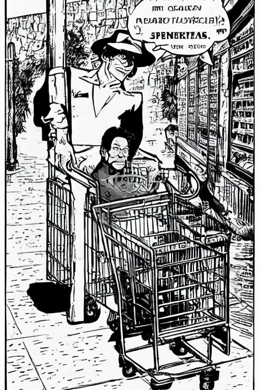 Prompt: jim varney in a shopping cart outside of k - mart, 6 0 ’ s style cartoon cover by jean henri gaston giraud, comic book artist moebius, comic book arzach style