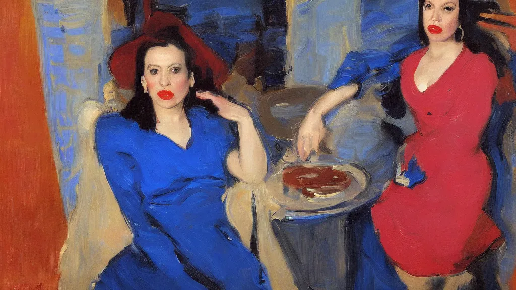 Image similar to portrait of rebekah delrio in mulholland drive, big persian blue pot, blue and red lights painted by john singer sargent