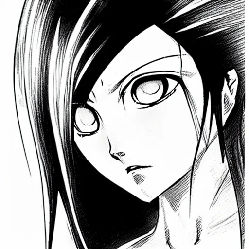 Image similar to alita by yukito kishiro. medium shot. black and white manga. pencil drawing.