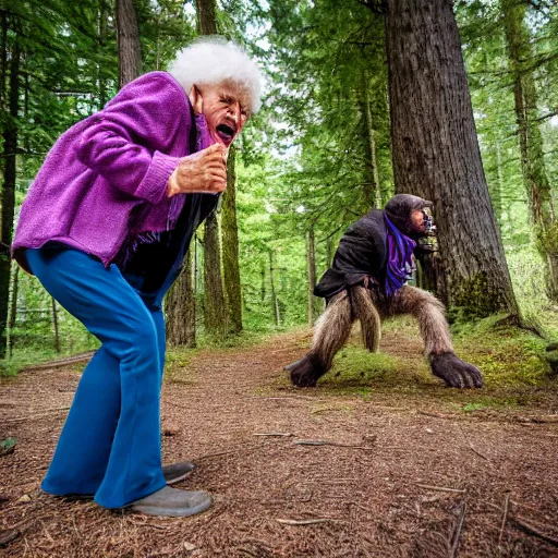 Image similar to elderly woman screaming at bigfoot, canon eos r 3, f / 1. 4, iso 2 0 0, 1 / 1 6 0 s, 8 k, raw, unedited, symmetrical balance, wide angle