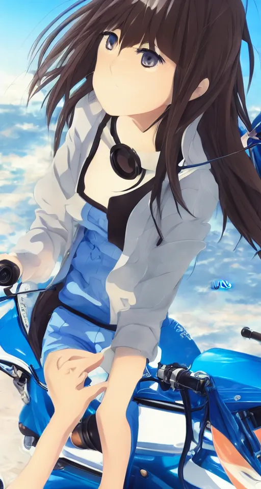 Image similar to close up of a high definition anime girl in a blue honda c90 with armenia quindio in the background , Artwork by Makoto Shinkai, pixiv, 8k, official media, wallpaper, hd