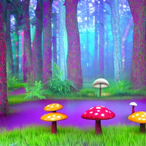 Prompt: a bright magic forest, with multicolored mushrooms and forest creatures dancing in the rain, 4 k, 3 d
