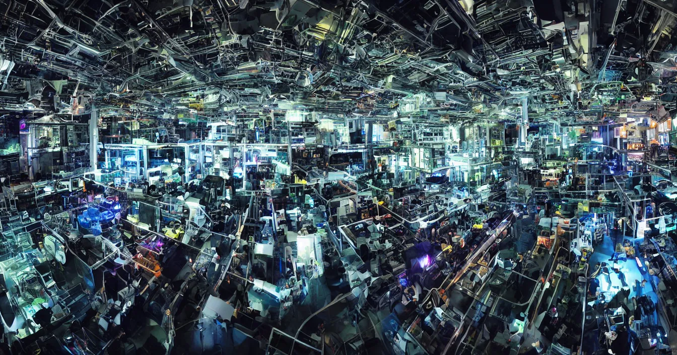 Prompt: Realistic wide photo of a room interior of hardware engineers and scientists from future, full of various electronic hardware components, devices and instruments, incredible sharp details, light contrast, dark atmosphere, bright vivid colours, reflections, metal speculars, journalistic photography