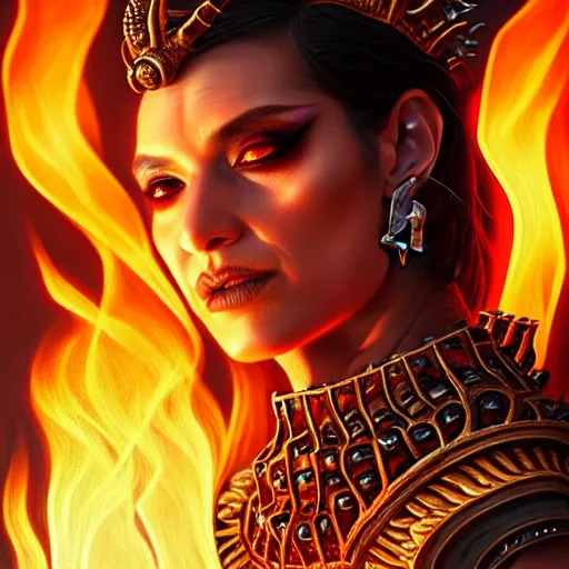 Prompt: Closeup of realistic Sumerian Death Queen with small bones covering vest and flowing fire and smoke , fantasy, intricate, elegant, highly detailed, digital painting, artstation, concept art, matte, sharp focus, illustration, hearthstone, art by Artgerm and Greg Rutkowski and peter mordenbacher