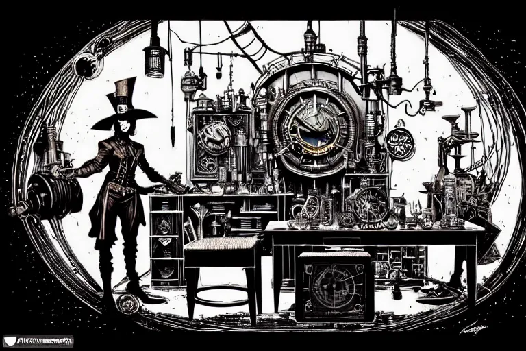 Prompt: steampunk alchemist wizard table with ornate lags, furniture, high details, bold line art, by vincent di fate and joe fenton, inking, etching, screen print, masterpiece, trending on artstation, sharp, high contrast, hyper - detailed,, hd, 4 k, 8 k